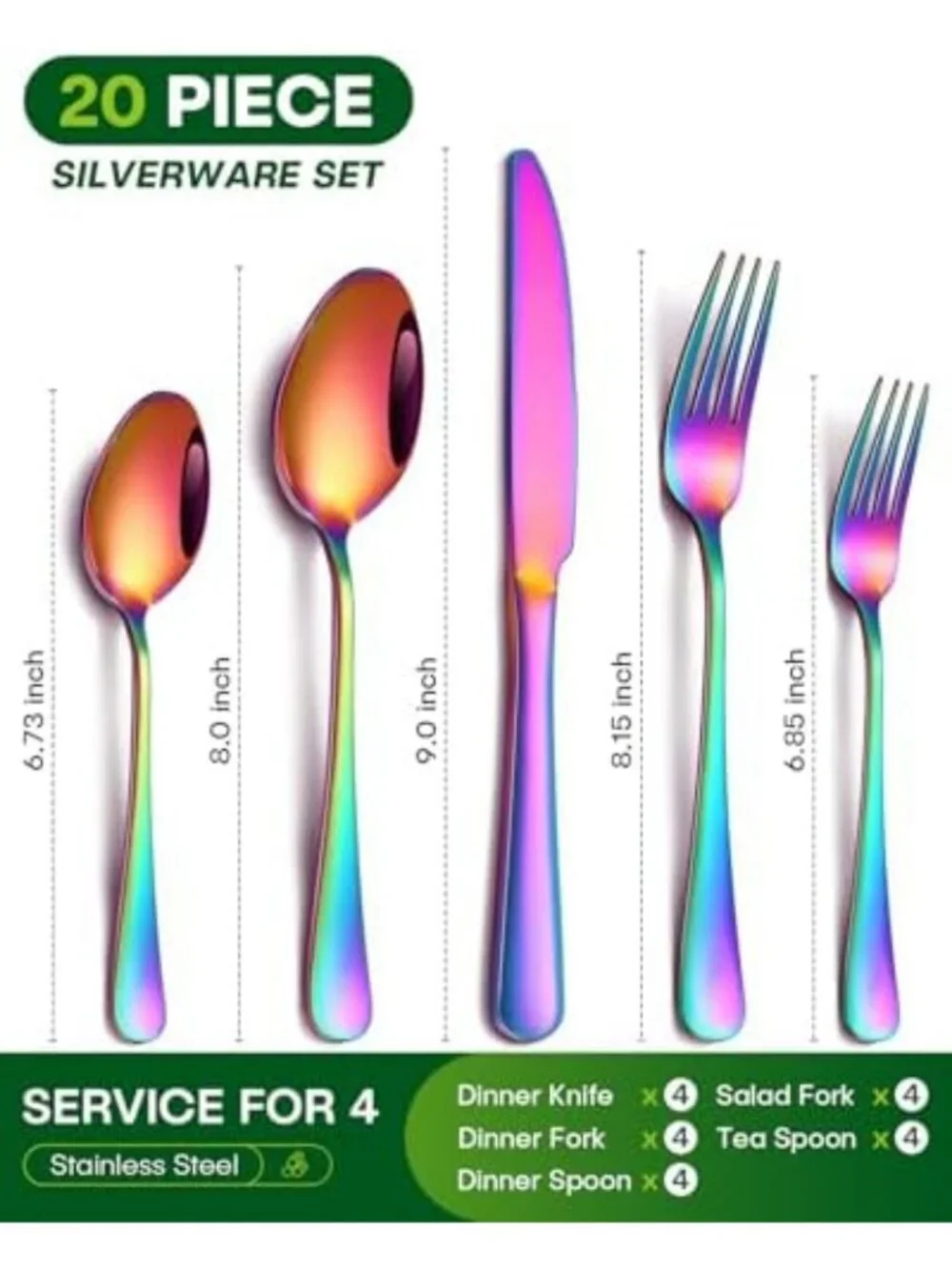 Vibrant 20-Piece Rainbow Stainless Steel Flatware Set for 4 - Colorful Utensils